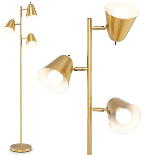 COSTWAY Lampadaire à 3 Ampoules, Lampe sur Pied avec Abat-jours Réglables, Interrupteur Individuel, Poteau en Métal, 3 Culots d'Ampoule E27, Lampadaire pour Salon Chambre Bureau (Doré)