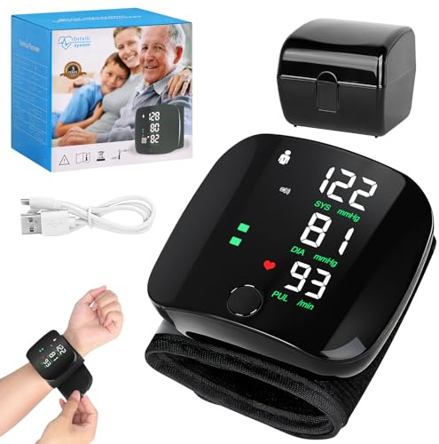 Wrist Blood Pressure Monitor, Rechargeable LED Touch Screen Blood Pressure Machine, Adjustable Cuff, Voice Guidance, Memory Function, Portable Travel Case for Adult Elder at Home and Travel Use, Black