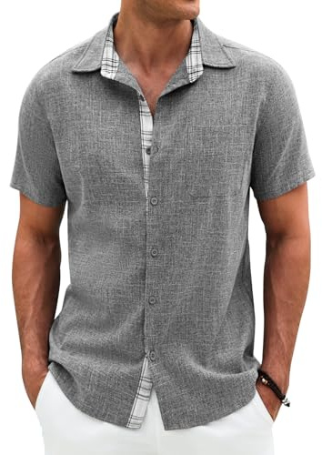Lonya Camicia Uomo Maniche Corte Estiva Comoda Casual Camicia da Spiaggia con Bolsillo per Ufficio, Viaggi e Quotidiano Grigio Scuro,L