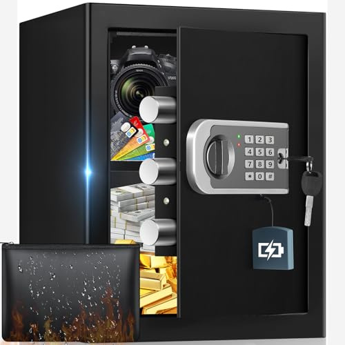 Caja fuerte grande de 45 l para el hogar, caja fuerte ignífuga con llave, sensor de luz y estante extraíble, armario de seguridad para el hogar, almacenamiento de dinero, documentos, medicamentos