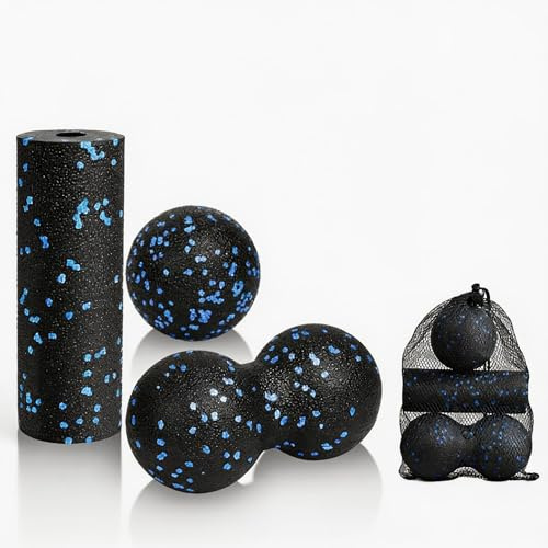 AEUXZA Kit de Masaje Fascia 3 Piezas, Bola Doble Maní y Bola de Masaje con Mini Rodillo, Negro y Azul, Automasaje para Puntos Gatillo, Espalda y Pies.