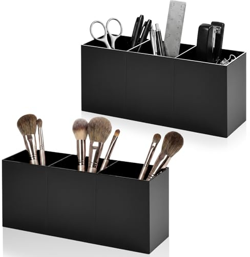 FTISSLY 2 Pcs Portabrochas Maquillaje de Acrílico Negro Organizador de Cosméticos para Tocador y Baño Cubos de 3 Compartimentos Estable Antivuelco para Brochas Lápices de Labios y Escritorio Oficina