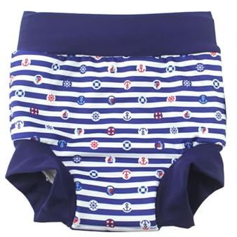 BabyPreg Badbyxor med blöjskydd för baby och barn Badshorts med hög midja som skyddar magen (Marinblå rand, 3-5 år)