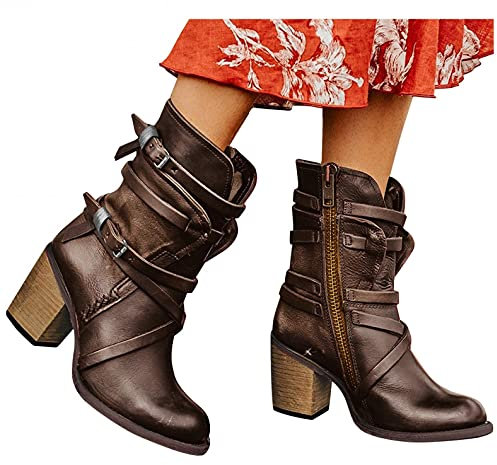 Binggong Damen Stiefeletten Biker Boots Stiefel mit Absatz Damen Klassische Stiefeletten Frauen Schuhe Blockabsatz Herbst Winter Bequeme Schuhe Schnallen Worker Boots Schnürstiefelette