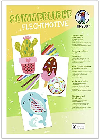 Ursus 28230099F - Sommerliche Flechtmotive, Bastelset für Kinder mit 12 bunten Flechtmotiven (A4) und 160 Papierstreifen, zur kreativen Beschäftigung