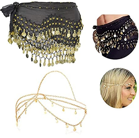 XHBTS Multi-Row Gold Coins Belly Dance Wrap & Hip Scarf, Gold Sequins Head Chain Jewelry Festival Halloween Prom Costume Hair Accessories Headbands Headpieces for Women and Girls