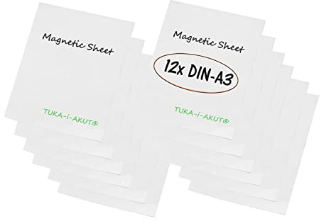 TUKA-i-AKUT 12 x A3 magnetfolie för märkning och skärning, flexibel magnet, bordsfolie, magnetplattor, gummimagnet, reklammagnet magnetisk etikett, affisch, set om 12 vit, TKD9041-vit-A3-12 x