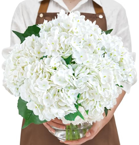Serwalin 𝟱𝙋𝘾𝙎 20in White Hydrangea Artificial Flowers with Long Stems, Latex Real Touch Large Faux Hydrangea Flowers for Outdor Home Decor Wedding Party Bouquets Centerpieces