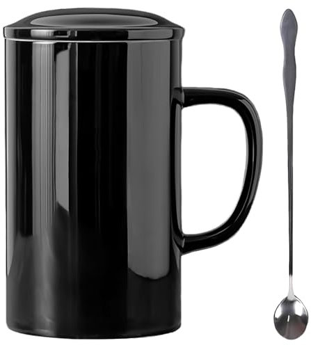 NIUKOMY Große Kaffeetasse 1000ML, Keramik Teetasse mit Deckel und Löffel, Super Gross Tasse, Jumbo Becher, Riesige Teebecher, XXL Big Mug für Büro und Zuhause, Schwarz