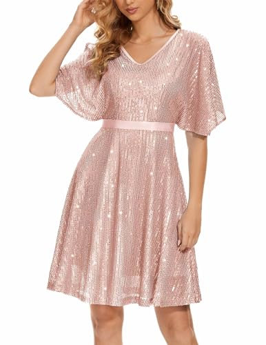 Wedtrend Pailletten Kleid Damen Cocktailkleid Damen Knielang Sexy Sommerkleid WTS6003 Rosegold M