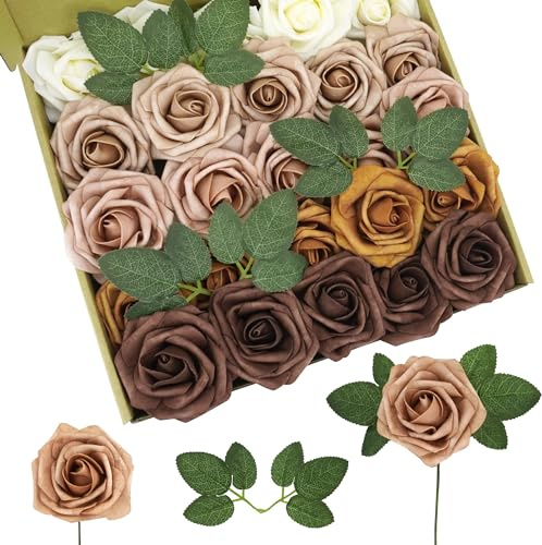 Lansdowns Artificial Flower Foam Rose Silk Rose 25pcs Real Looking Fake Rose with Stems Leaves for Home Decoration Party Garden Centerpieces DIY Wedding Bouquets（Shades of Caramel Tones）