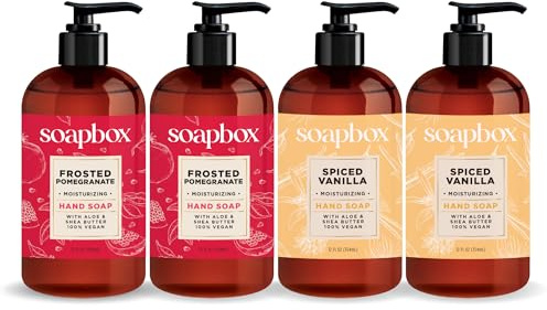 Soapbox Winter Hand Soaps, Spiced Vanilla & Frosted Pomegranate Liquid Hand Soap, Moisturizing Soap, Shea Butter & Aloe, Pack of 4, 12oz