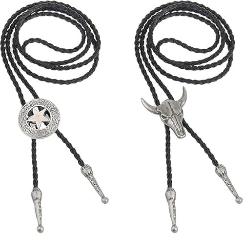 Set de 2 Corbatas Bolo de Cuero para Hombres con Colgantes de Calavera de Vaca y Estrella de Texas Ranger, Ideal para Rodeo y Eventos Temáticos del Oeste, Accesorio Vintage Elegante y Versátil