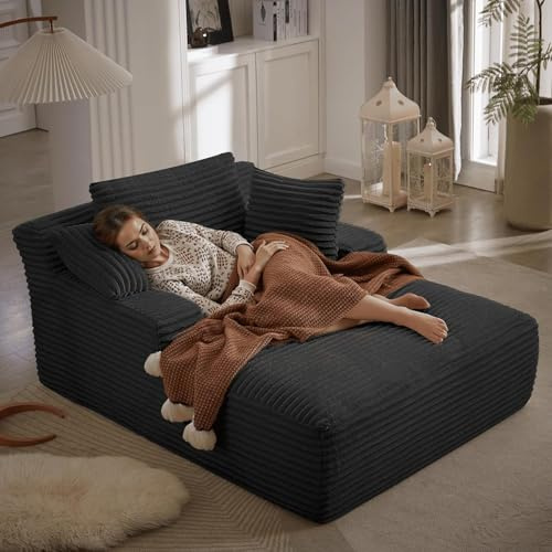 GUANGHONG 50 W Oversized Chaise Lounge Chair Indoor, Upholstered Corduroy Sofa Bed with Arm & 3 Pillows, Deep Seat Boneless Cloud Couch, Reading Chairs for Living Room,No Assembly Required, Black
