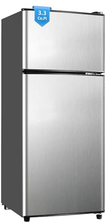 Borcolo Mini Fridge with Freezer, 3.3 Cu. Ft. Double-Door Small Refrigerator with Adjustable 7-Level Thermostat & Separate Freezer, Dorm Fridge Compact for Kichen, RV, Office, Apartment, Silver