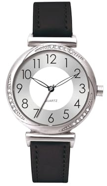 NUOVO Women's Watch Ladies Quartz Watch with Crystal Accents Silver Case Black Leather Band