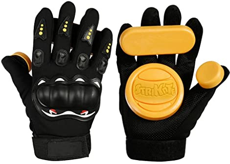 Tdoutop Gants de Skate Longboard pour Glisse avec Pucks Remplaçables Protection sur Jointures et Dos de Main Fermeture Sure à Scratch Tissu Souple et Robuste, B, 24x11cm