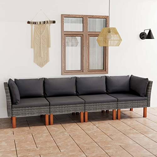 JHQHSM 4-Sitzer Gartensofa mit Kissen Grau Poly Rattan, Wetterbeständiges Lounge-Sofa mit Stahlrahmen und Eukalyptusholzbeinen, Dick gepolsterte abnehmbare Bezüge für Komfort
