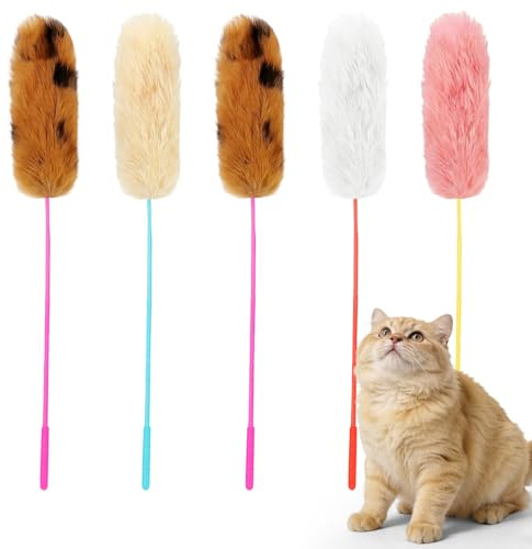 MOTIBACK 5pcs Rabbit Fur Cat Wand Toys, 35cm Interactive Cat Teaser Sticks for Indoor Cats, Soft Feather Toy for Play & Exercise, Cat Fishing Rod Toys Set