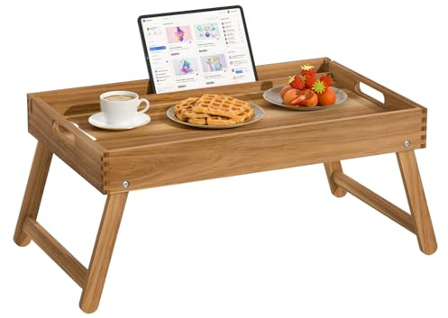 22x14 Acacia Wood Folding Bed Tray Table, Extra Large Breakfast in Bed Tray with Raised 7.9 Leg Space, Foldable Legs, Tablet & Phone Slots, Cable Grooves, Food Tray for Bed