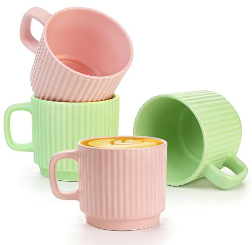 Wieat Stackable Mugs, Ceramic Espresso Cups Set of 4, 200ml Porcelain Coffee Cup with Handle, Stacking Mugs for Tea Latte Cocoa Cappuccino, Pink & Green