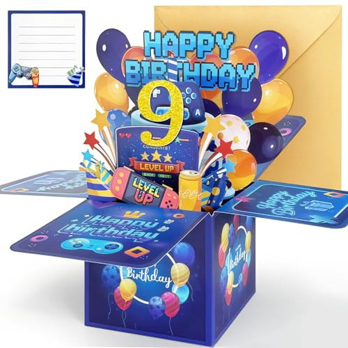 YianHien Tarjeta de cumpleaños para niños de 9 años, genial 3D Pop Up tarjeta de cumpleaños para 9 niños con controlador de juego Level Up, regalo decorativo para juegos para niños de 9 años