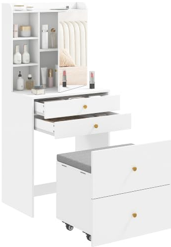 HOMCOM Coiffeuse avec Miroir et Tabouret de Rangement Mobile Tiroirs Blanc | Table de Maquillage Compacte, Placard, Compartiments Ouverts, Étagère Réglable, Siège Rembourré, pour Chambre à Coucher