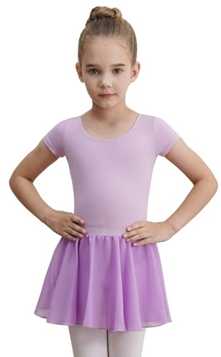 WEGETIT Leotard Girls Gymnastics Toddler Dance Ballet Pink Leotard Dresses with Skirt (Light Purple,10-12 Years)