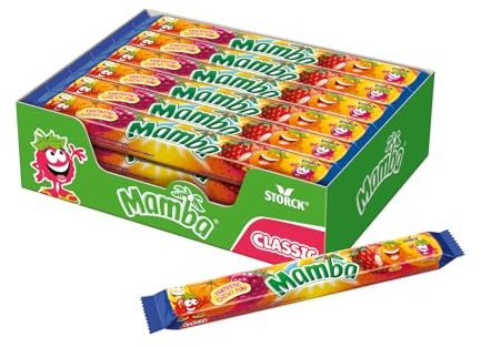 Mamba - Caramelos masticables Fruta - Pack 24 Barras x 24 uds - 4 Sabores | Leckerer Süßigkeiten Mix, softe Bonbons in 4 fruchtigen Sorten Erdbeere, Himbeere, Zitrone & Orange, einzeln verpackt