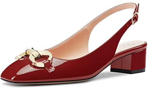 NobleOnly Women Low Chunky Block Kitten Heel Square Toe Sandals Ankle Strap Slingback Slip-on Pumps Court Shoe Wedding Party Dress Shoes Burgundy Wine Red 6 UK