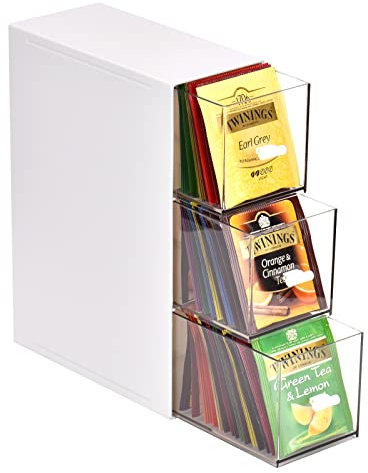 Zoutpy Teebeutel Aufbewahrung Teebox mit 3 Schubladen, Teebeutel Teehalter,Teebeutelboxen aus Kunststoff für Teebeutel, Zucker, Kaffeepads (Weiß)