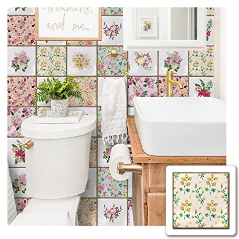 Alwayspon Vinyl Sticker Peel and Stick, Self-Adhesive Wall Tile Transfers Backsplash Sticker Decal for Kitchen Bathroom, 6x6inch/15x15cm 30Pcs, Floral Painting T038