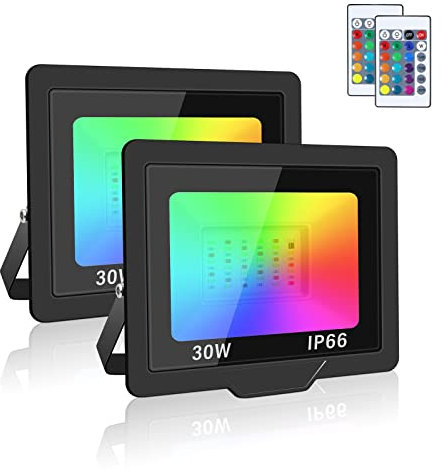 Willpower 2PCS Foco LED RGB 30W 3000LM Proyector LED Exterior Cambio de Color RGBW Con Control Remoto, Función de Memoria, 16 Colores y 4 Modos, Impermeable Iluminación para Fiestas Jardín Terraza