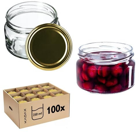 KADAX Lot de 100 bocaux à confiture avec couvercle Twist-Off fi82 - 250 ml - Hermétiques et lavables au lave-vaisselle - En verre épais - Choix de bouchons à vis (doré)