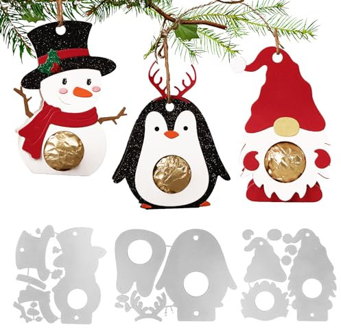 3 Set Weihnachten Stanzschablonen Anhänger Geschenkbox Klein Gnome Schneemann Pinguin Prägeschablonen Box Stanzformen für DIY Scrapbooking Basteln Deko für Weihnachtsbaum Geschenke