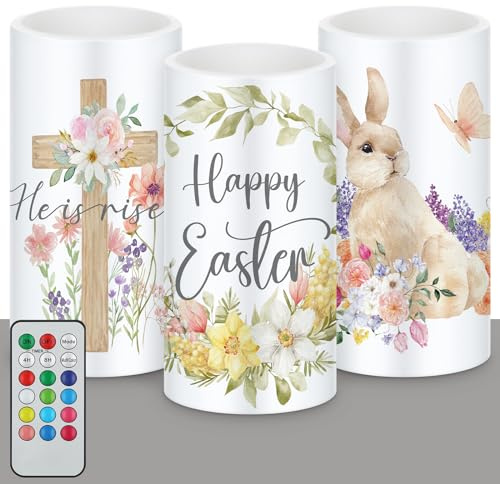 Retisee 3 Pcs Easter Flameless LED Candles Battery Operated Bunny Flower Spring Flickering Pillar Candles with Remote Rabbit Happy Easter Centerpiece for Bedroom Living Room Dinner Table Decoration