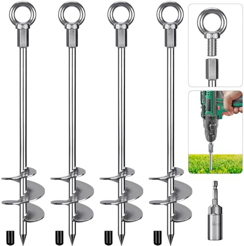 Insaga Zeltheringe, Metall Zelt Heringe Stabil Erdnägel Erdanker Zelthaken Bodenanker 45cm Schraube in Trampolin Kit für Schaukel-Kit/Camping/Schuppen/Hund/Carport mit Fester Ring, 4 Stück