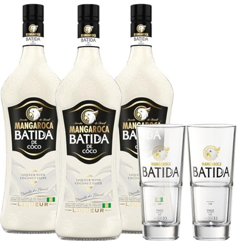 Mangaroca Batida de Côco 16% vol (3 x 0,7 l) plus 2er Longdrinkglas Set- Kokoslikör, Natürlich süß, pur auf Eis, als Longdrink oder als Basis exotischer Cocktails genießen