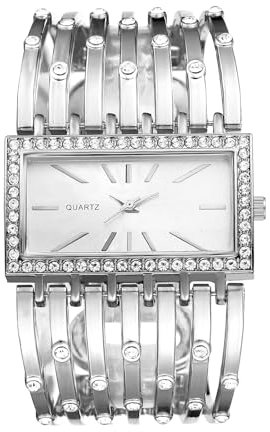 JewelryWe Damenuhr Rechteckig Armreif Uhr: Damen Glitzer Strass Analog Quarz Armbanduhr Frauen Silber Breit Metallarmband Armspange Lässige Diamant Spangenuhr mit Eckigem Zifferblatt