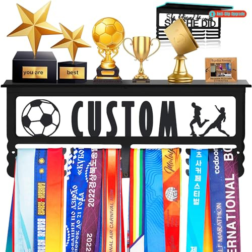 Goutoports Medal Holder Display Hanger Rack Frame for Sport Race Runner Sturdy Black Steel Metal Over 60 Medals (Customize with Trophy Shelf)