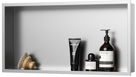 KINKIBOS Stainless Steel Shower Niche, No Tiles Required, Embedded Wall Niche 60 x 30 x 10 cm, Shower Niche Single Shelf Storage for Bathroom, Nano Silver