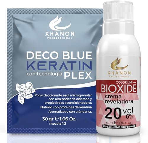 PACK Polvos decolorantes de Cabello + Crema Oxidante - 8 tonos de Aclarado - Decolorante pelo Profesional - Aroma Arándanos - Decoloracion Azul con Tecnología PLEX y Keratina (Sachet) (PACK 20 VOL)