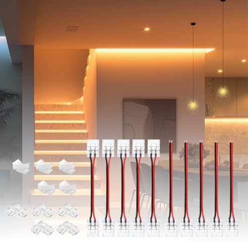 BRIMETI 20pcs Conector de 2 Pin para Tira LED 8mm Ancho, Clip Conectores Rápido Cinta LED, Incluye 10 Pcs Conectores y 10 Pcs Cable Conector, Sin Soldadura