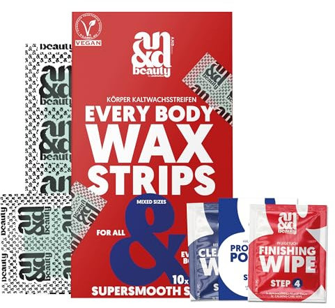 ANDbeauty Body a strisce di cera da donna e da uomo, per gambe, braccia, ascelle e altro ancora, strisce di cera fredda in diverse misure, delicato ed efficace, testato vegano e dermatologicamente