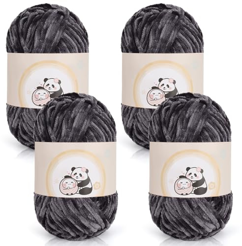 Aeelike Chenille Yarn Set 400g, 4 Pack Plush Chenille Thick Wool for Knitting 100g Balls, Soft Fluffy Velvet Chunky Knitting Wool Yarn for Crochet Amigurumi, Blankets, Scarves & DIY Crafts, Dark Grey