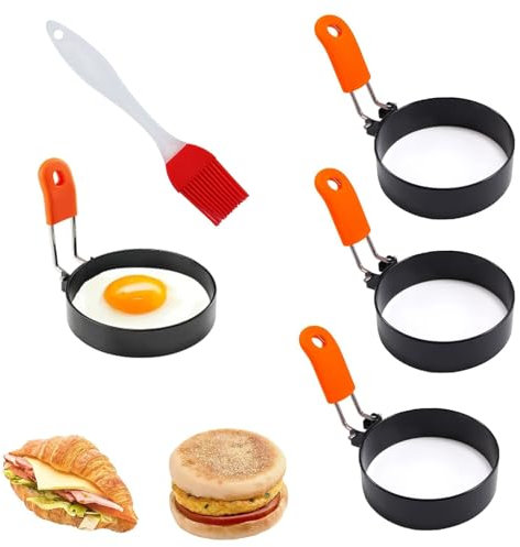 Fried Egg Mould, 4 Pack Stainless Steel Fried Egg Ring with Silicone Handle, Non Stick Egg Molds for Perfect Fried Eggs, Pancakes, Breakfast Cooking Tools, Kitchen Essentials