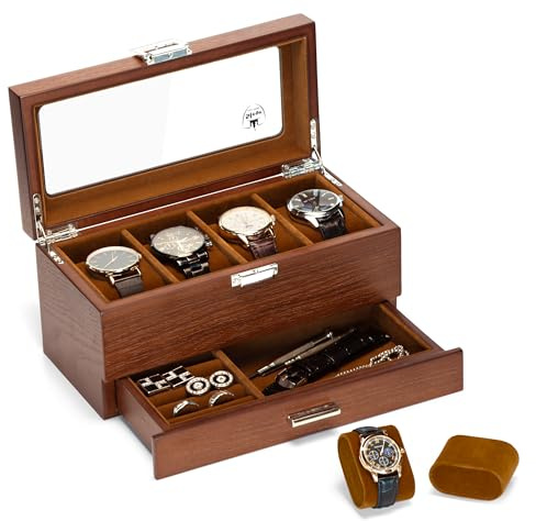 Slege Porta Orologi in Legno a 4 Posti,Scatola Portaorologi a 2 Livelli,Fatto Mano Elegante Scatola per Orologi,Coperchio in Vetro, Fodera Morbida,Cuscini Rimovibili,Watch Box per Uomo Regalo,Marrone