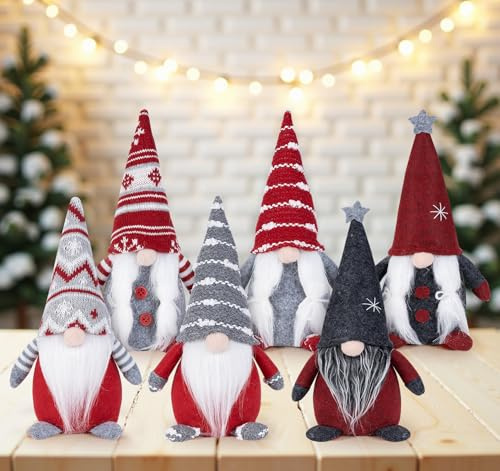 ilauke tomtar juldekoration, 6 stycken tomtefigurer jultomte tomte tomte julfigurer liten jul tomte skandinavisk handgjord plyschfigurer för juldekoration inomhus, röd och grön