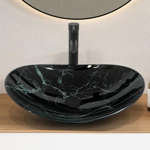 ARTETHYS Bathroom Sink, Countertop Wash Basin, Glass Vessel Washing Bowl Set with Tap, Counter Top Sink with Faucet Pop-up Drain and Water Pipe for Vanity Cabinet Cloakroom, Veria Green Marble
