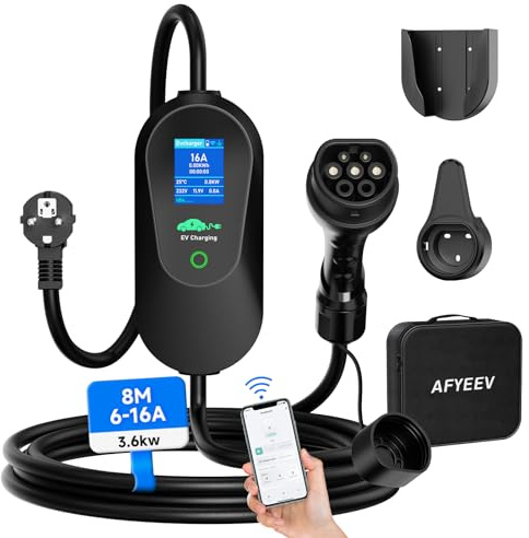 AFYEEV laddningskabel typ 2 schuko 8 m [3,68 kW 6–16 A 1-fas], typ 2 laddningskabel Schuko med app, justerbar ström och fördröjd